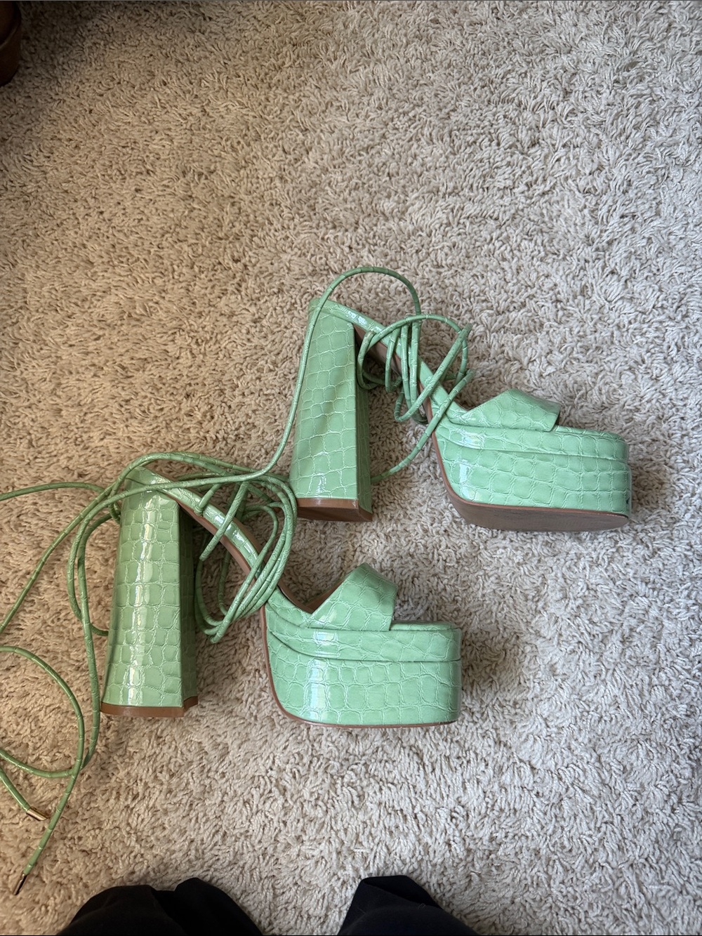 Croc-Embossed Mint Green Platform Lace-Up Heels